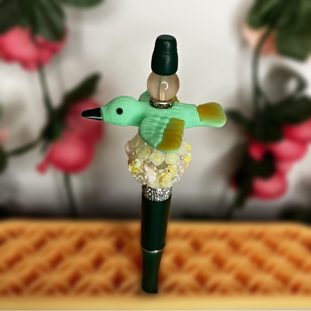 3D Green Hummingbird Handmade Beaded Pen with Butterfly & Floral Accents